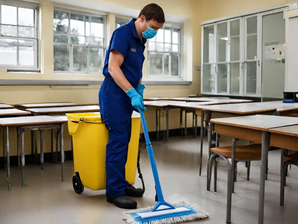 Photo représentant une agent d'entretien assurant le nettoyage d'une salle de classe
