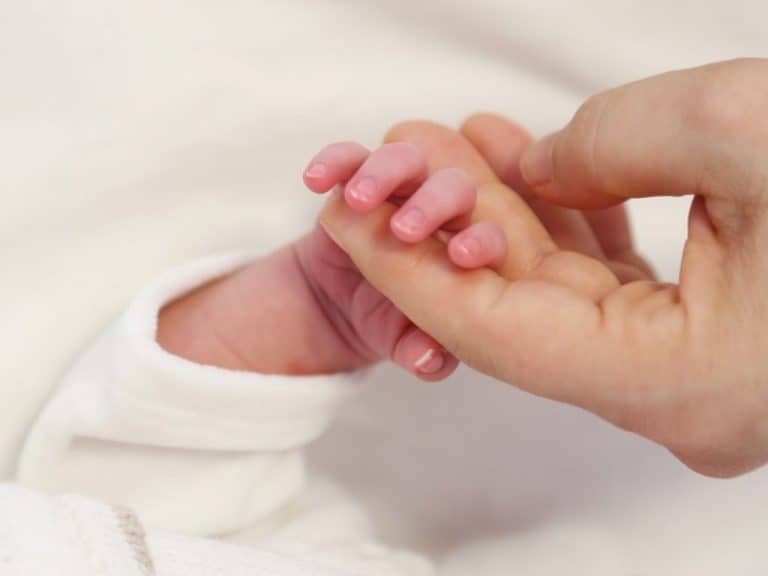 Nouveau-né serrant la main de sa mère, illustration d'un article portant sur la toxicité du plomb.